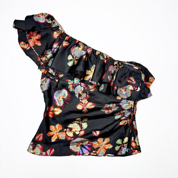 Ulla Johnson Adaleigh One Shoulder Floral Print Silk Top Black Size US 2 - Picture 2 of 12